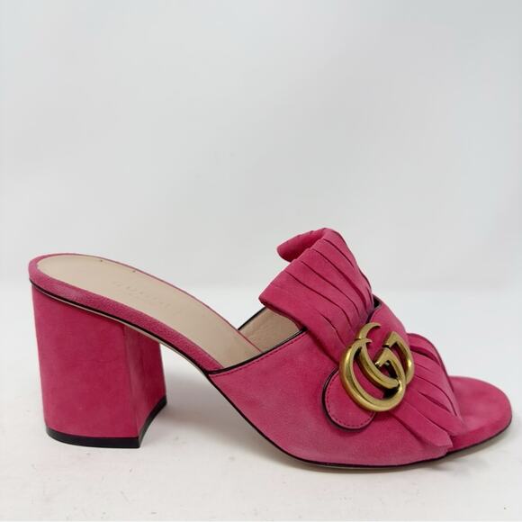 Gucci GG Marmont Pink Suede Fringe Mules Sandals - Picture 6 of 11